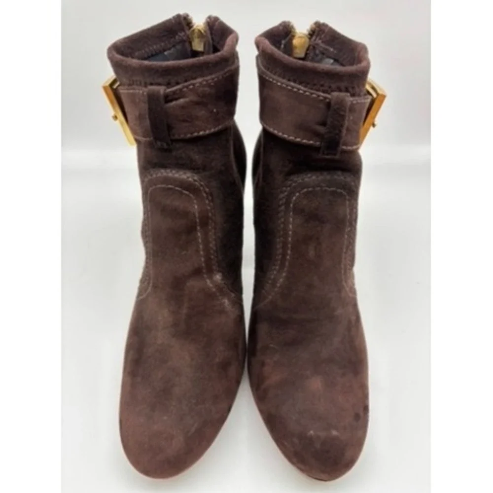 Tory Burch Ankle Boots Women‎ 6.5 Brown Suede Melrose Buckle Logo Back Zip Heel